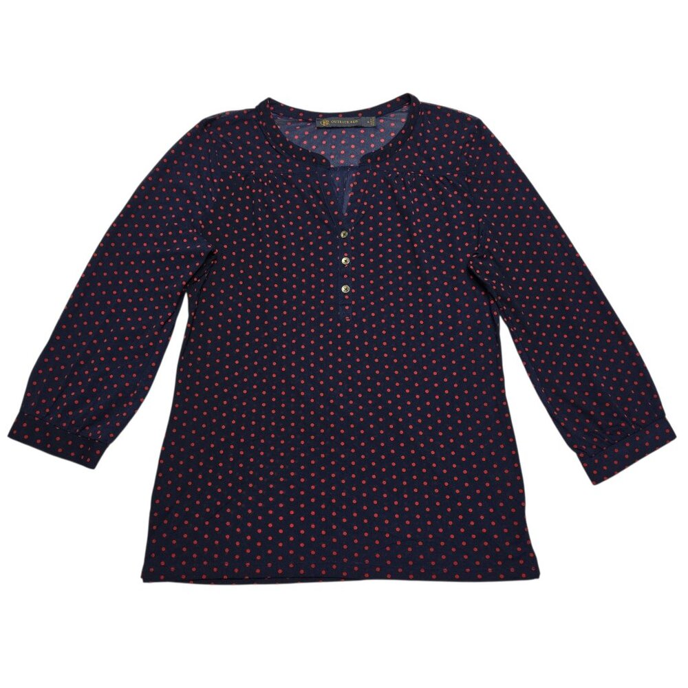 Outback Red Top‎ Womens Medium Navy Polka Dot Sheer Henley Lightweight Blouse
